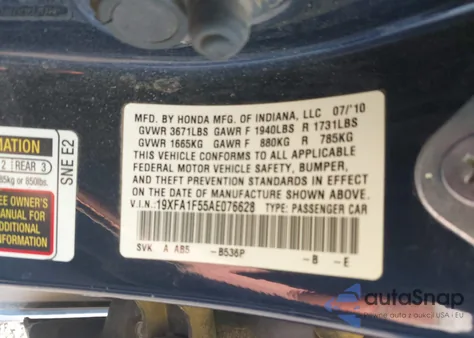 2010 Honda Civic Lx из США, поврежденный, VIN 19XFA1F55AE076628